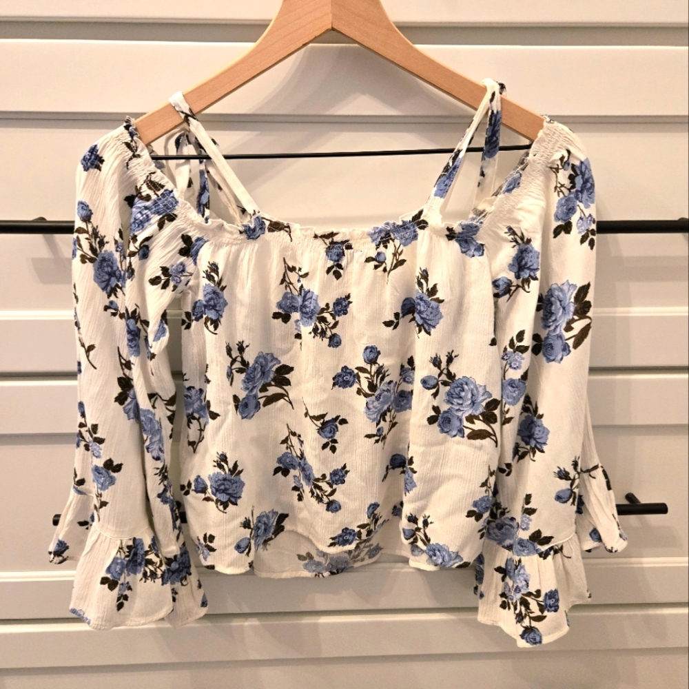 Floral Off-Shoulder Top - Blue and White